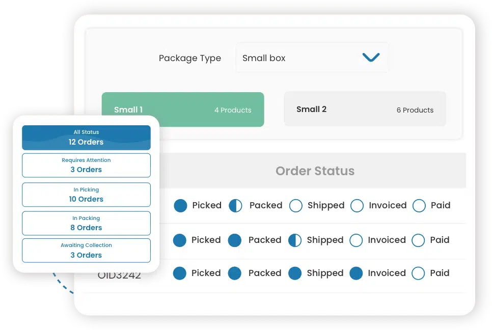 Spenda app showing the sales order process: Picked, Packed, Shipped, Invoiced and Paid