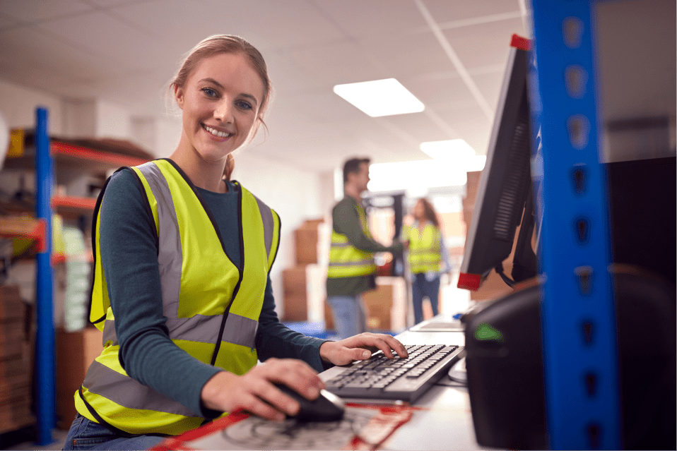 Warehouse worker happy with their computer system