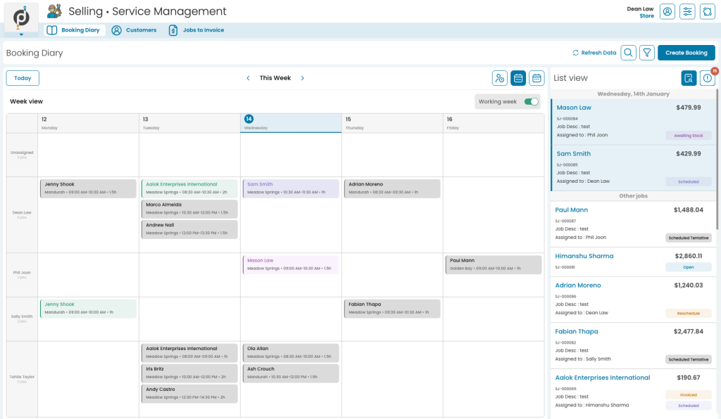 Screenshot of Spenda Retail software booking diary screen